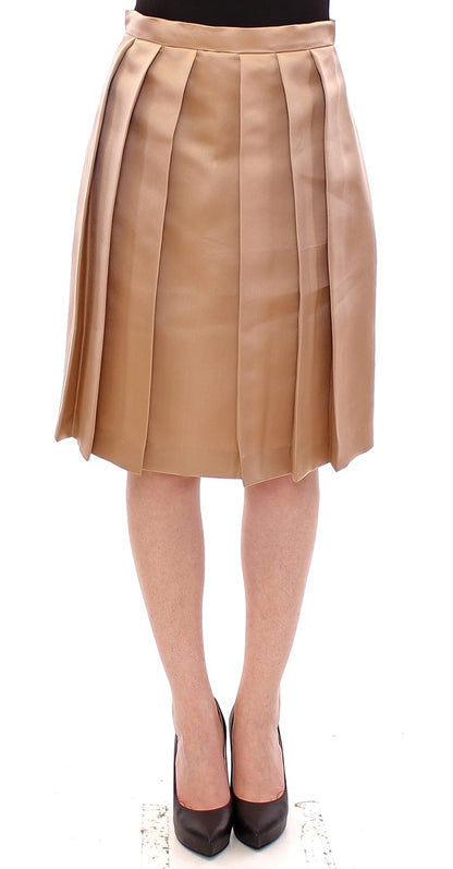 Brown Silk Solid Mini Pleated Skirt
