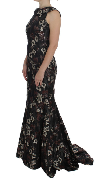 Black Floral Jacquard Sheath Gown Dress