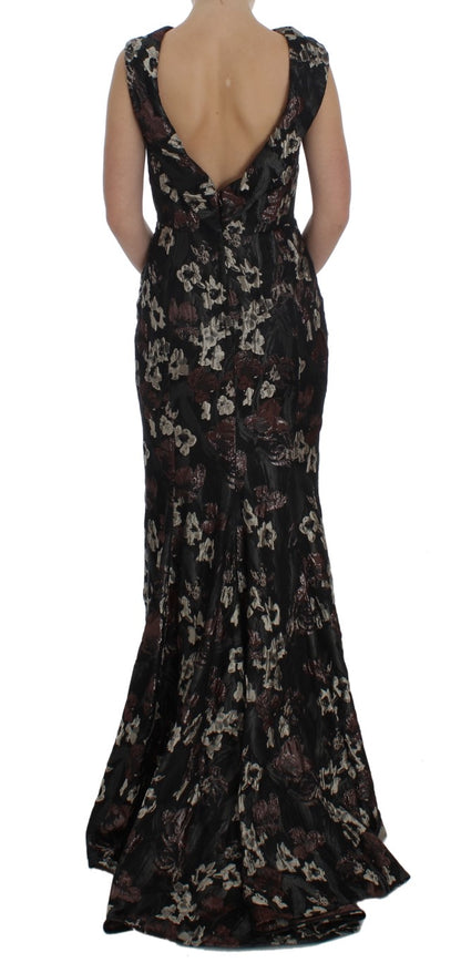 Black Floral Jacquard Sheath Gown Dress