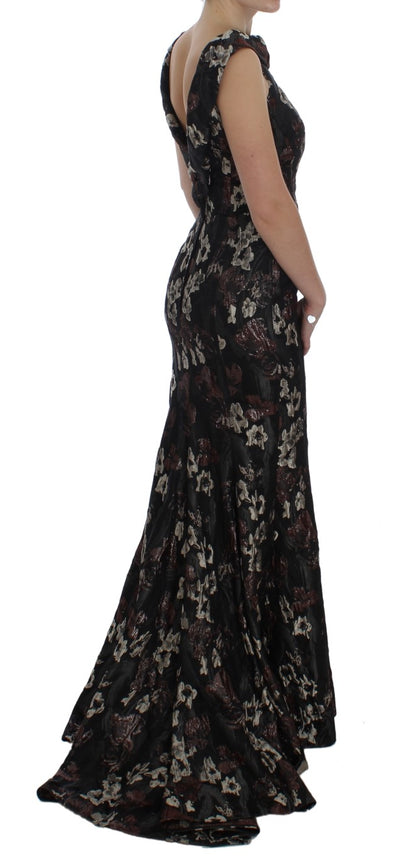 Black Floral Jacquard Sheath Gown Dress