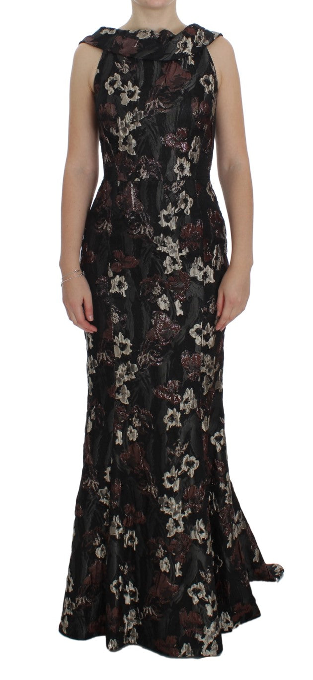 Black Floral Jacquard Sheath Gown Dress