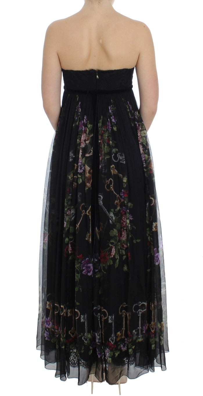 Black Key Print Silk Crystal Brooch Dress