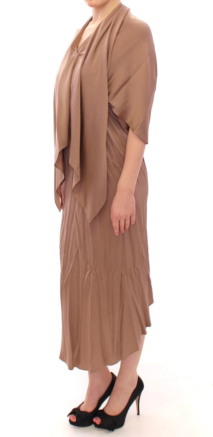 Brown Draped Silk Sheath Shift Coctail Dress