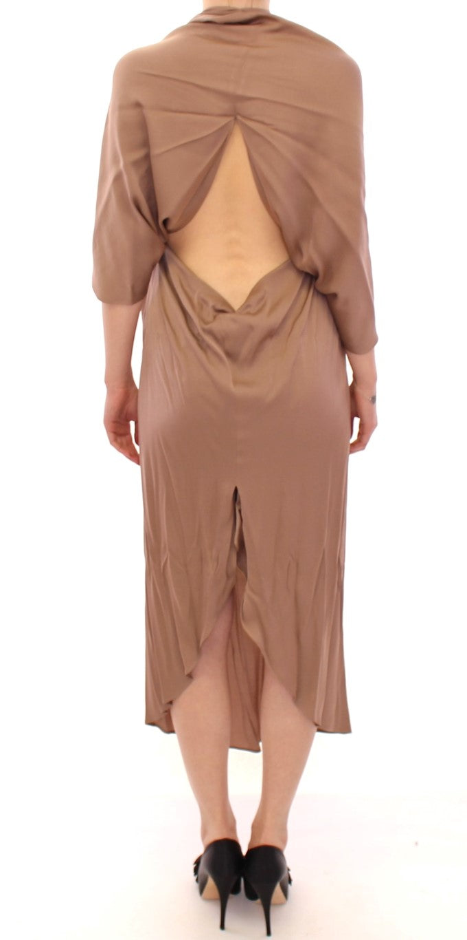 Brown Draped Silk Sheath Shift Coctail Dress