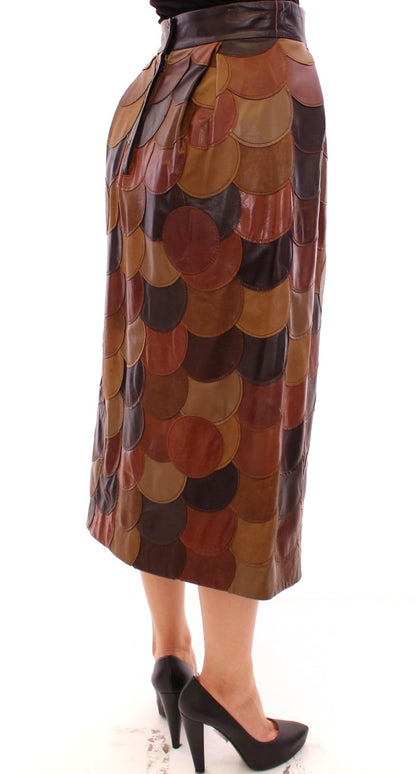 Brown Patchwork Leather Straight Skirt