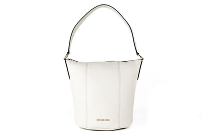 Brooke Medium Pebbled Leather Bucket Messenger Crossbody Handbag (Light Cream)