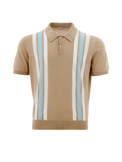 Beige Cotton Polo Shirt with Contrasting Stripes
