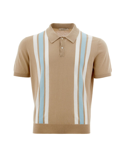 Beige Cotton Polo Shirt with Contrasting Stripes