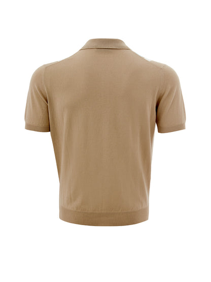 Beige Cotton Polo Shirt with Contrasting Stripes