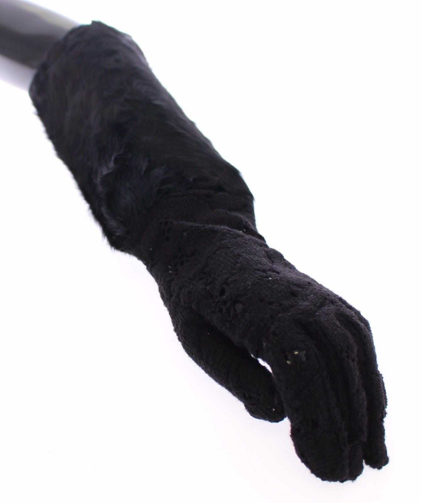 Black Lace Wool Lambskin Fur Elbow Gloves