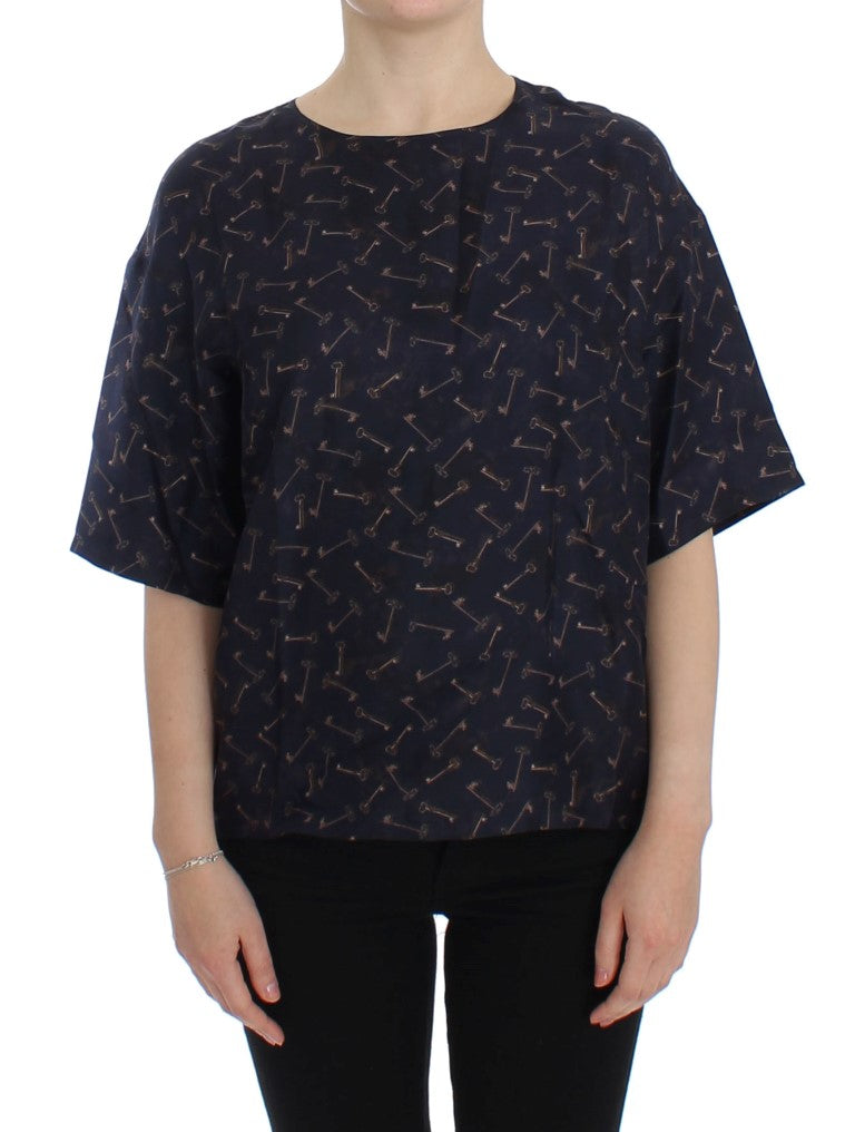 Blue gold key print silk blouse