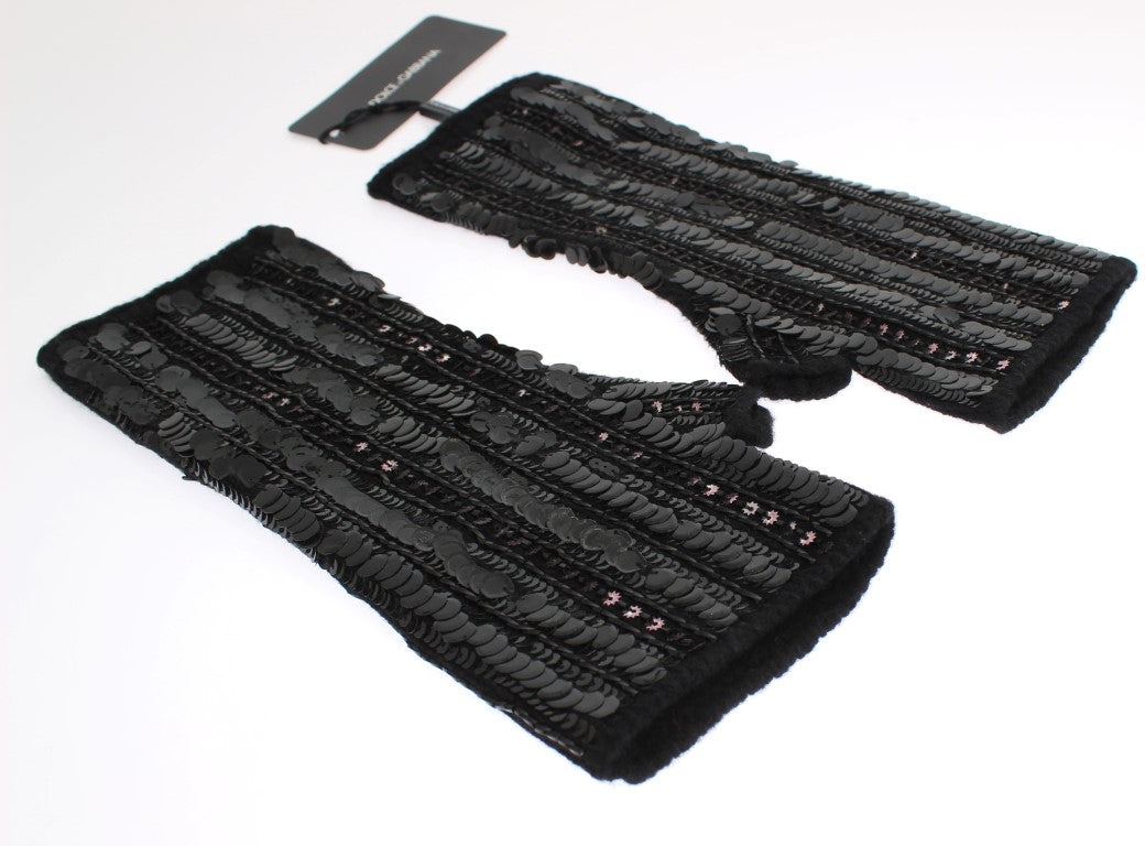 Black Knitted Cashmere Sequined Gloves