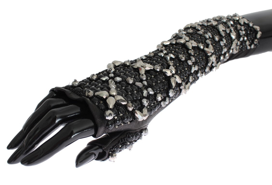 Black Leather Crystal Beaded Finger Free Gloves