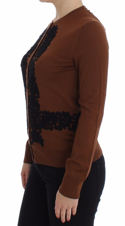 Brown Wool Black Lace Cardigan Sweater