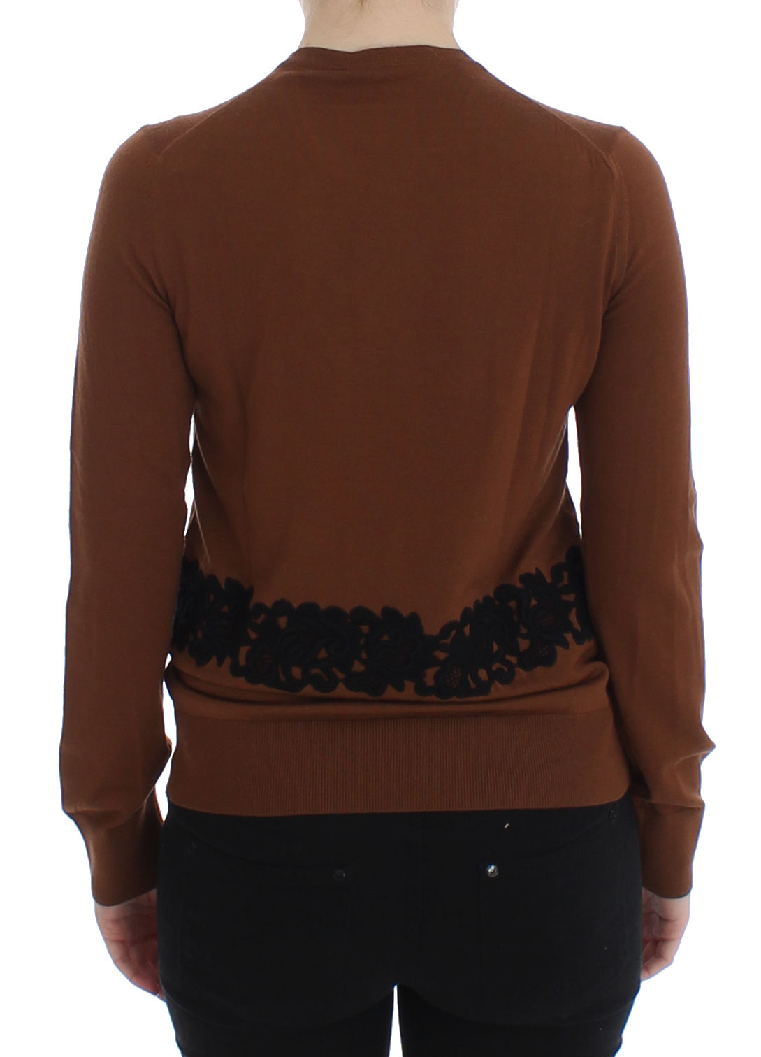 Brown Wool Black Lace Cardigan Sweater