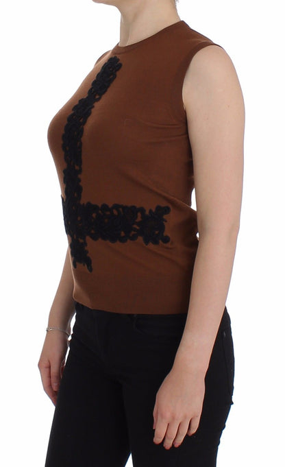 Brown Wool Black Lace Vest Sweater Top