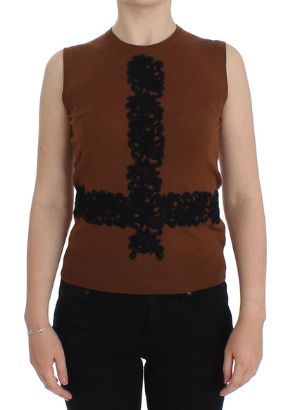Brown Wool Black Lace Vest Sweater Top
