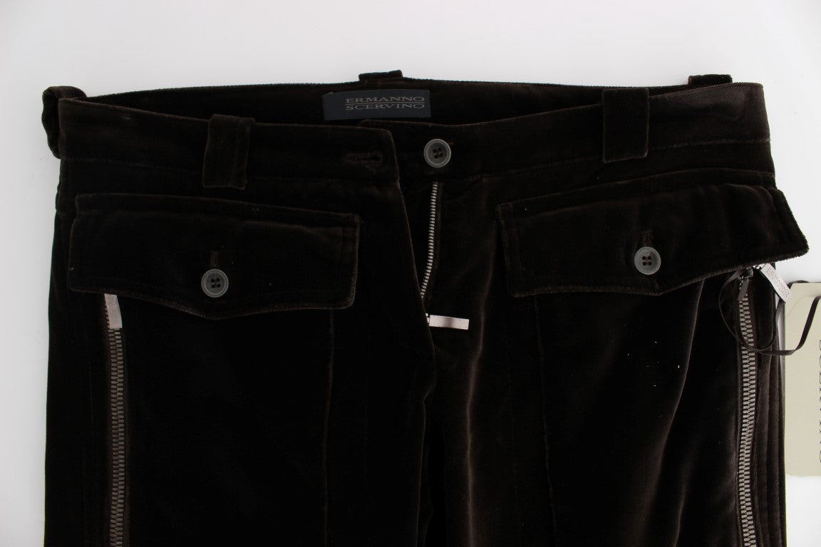 Brown Cotton Velvet Zippers Slim Fit Pants