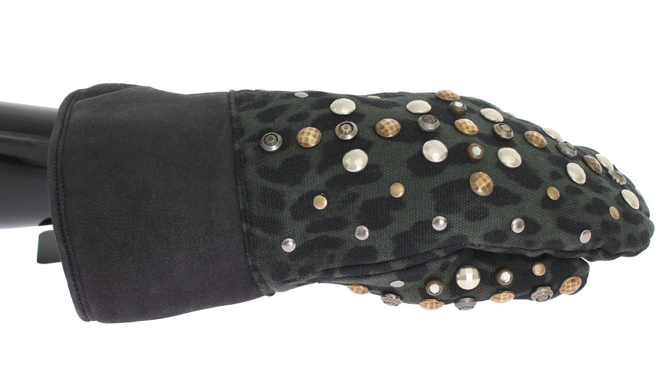 Gray Wool Shearling Studded Green Leopard Gloves