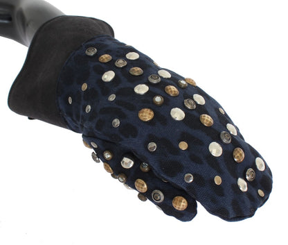 Gray Wool Shearling Studded Blue Leopard Gloves