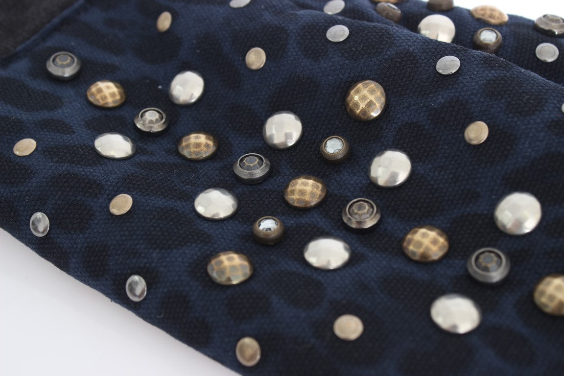Gray Wool Shearling Studded Blue Leopard Gloves
