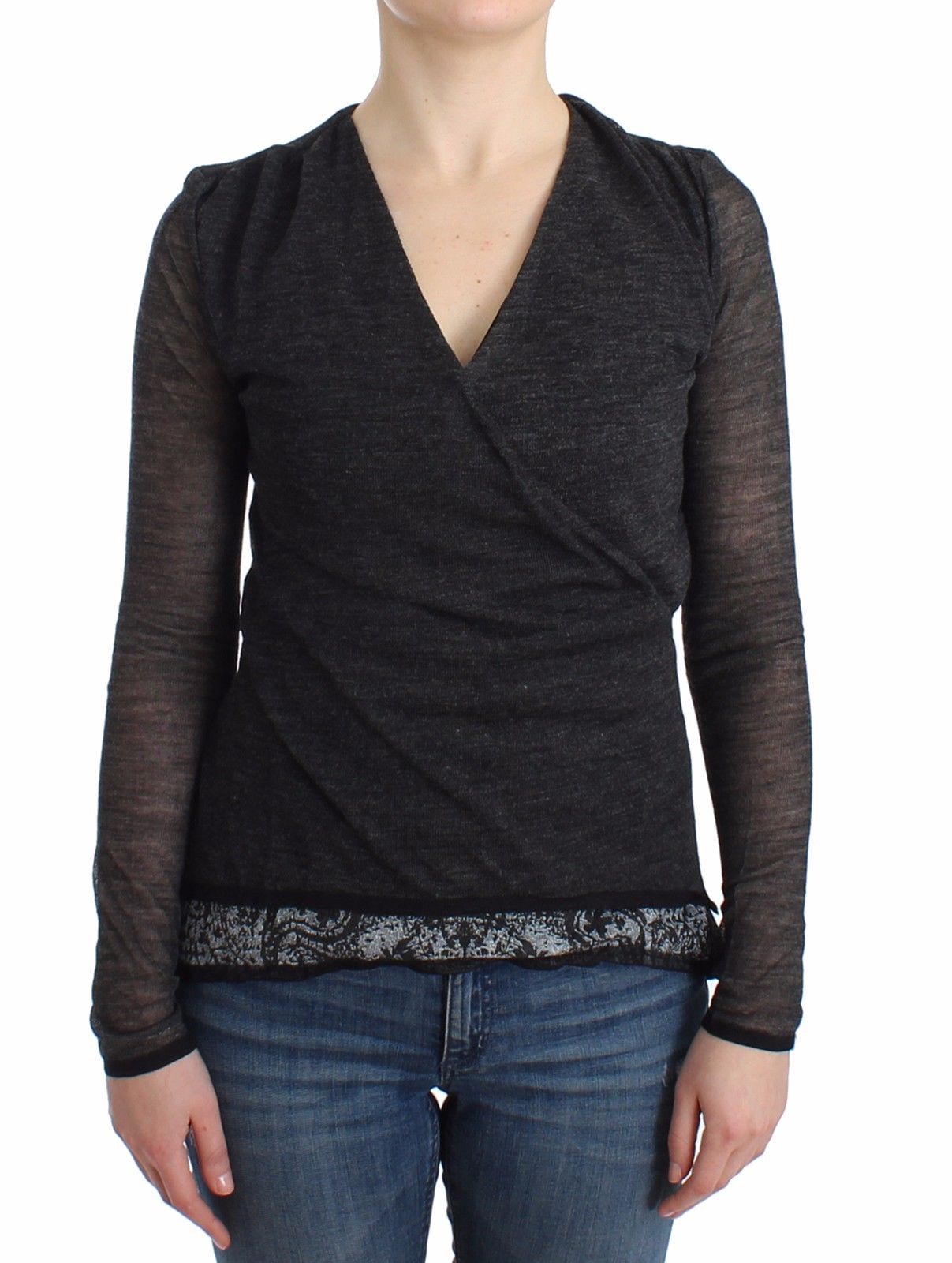 Gray Wool Blend Stretch Long Sleeve Sweater