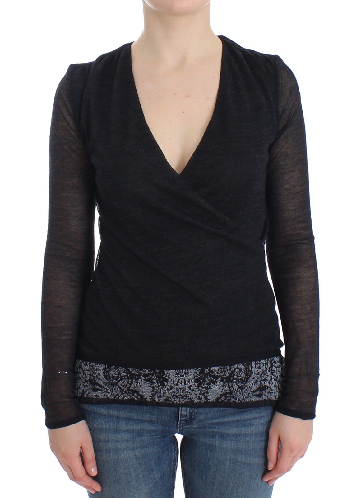 Black Wool Blend Stretch Long Sleeve Sweater