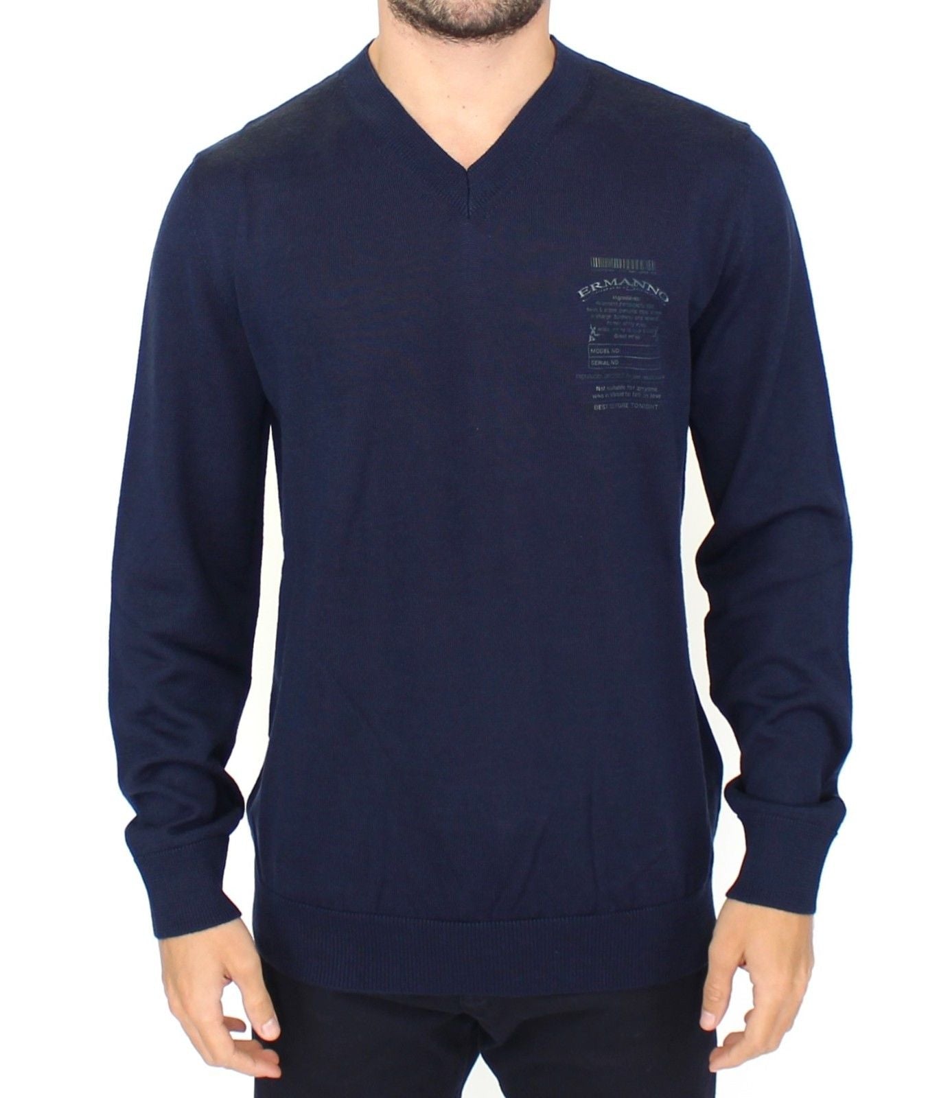 Blue Wool Blend V-neck Pullover Sweater