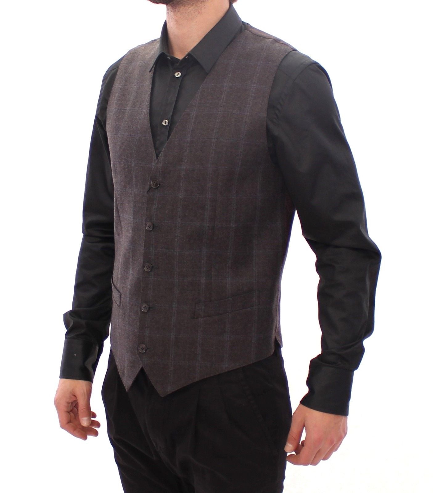 Brown Check Wool Single Breasted Vest