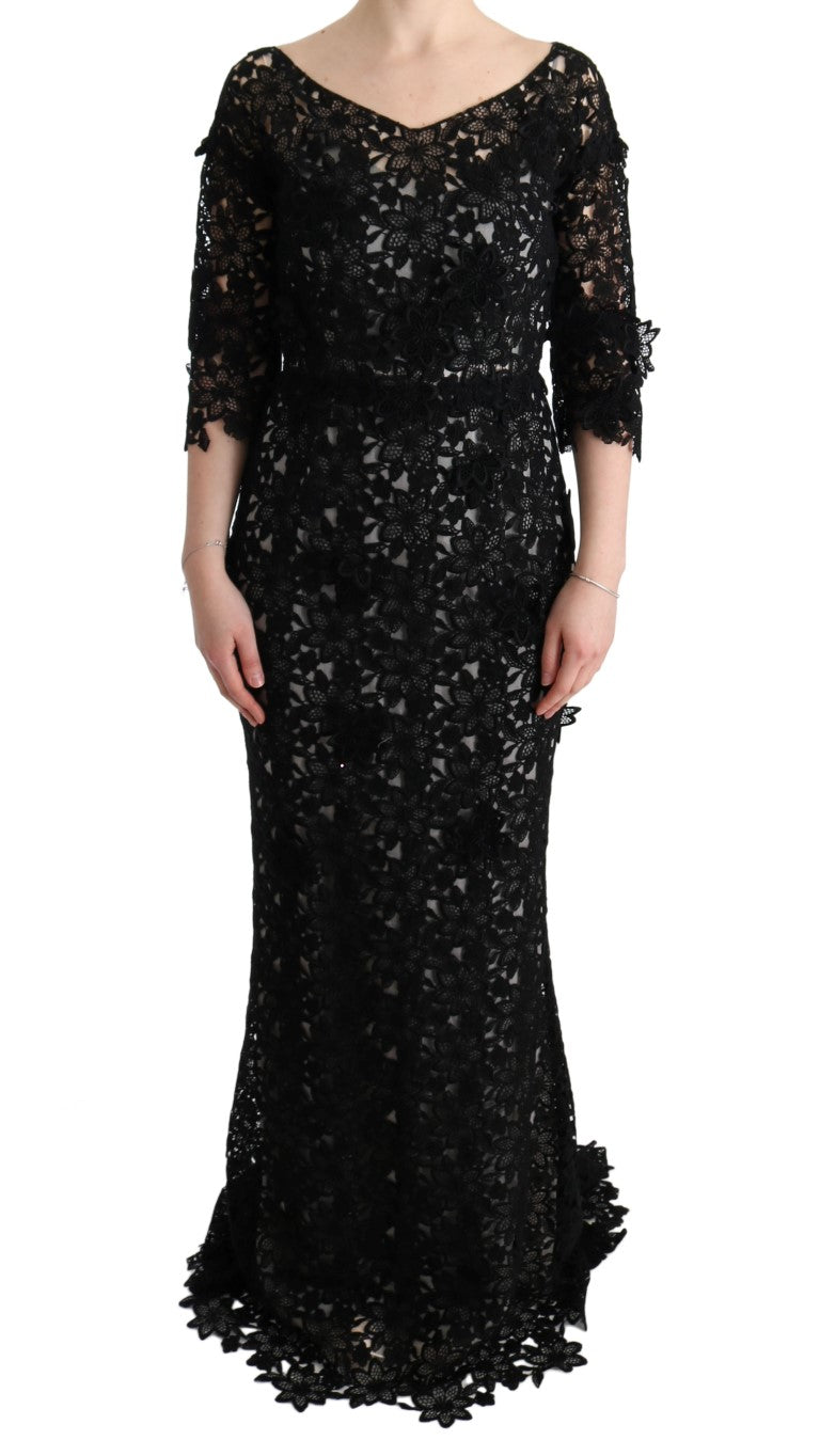 Black Cotton Silk Floral Long Dress