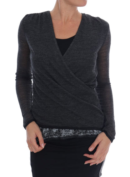 Gray Wool Lace Top Long Sleeved T-shirt
