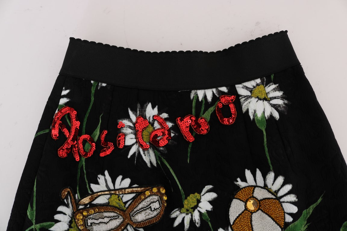Black Embellished Daisy Brocade Skirt