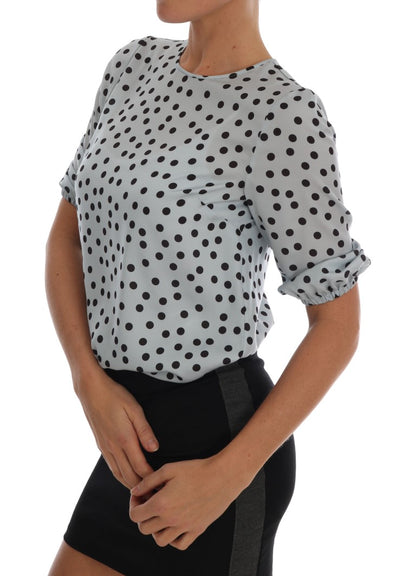 Blue Polka Dotted Silk Top Blouse