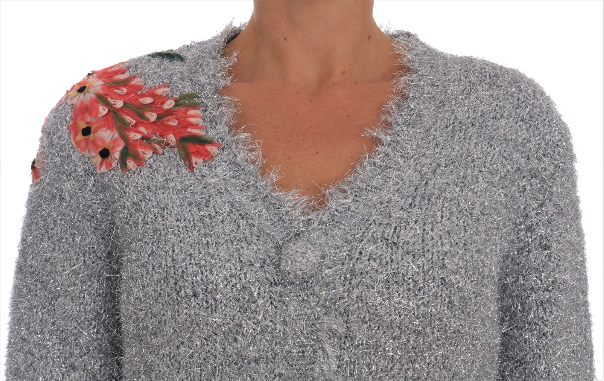 Silver Cardigan Floral Applique Sweater