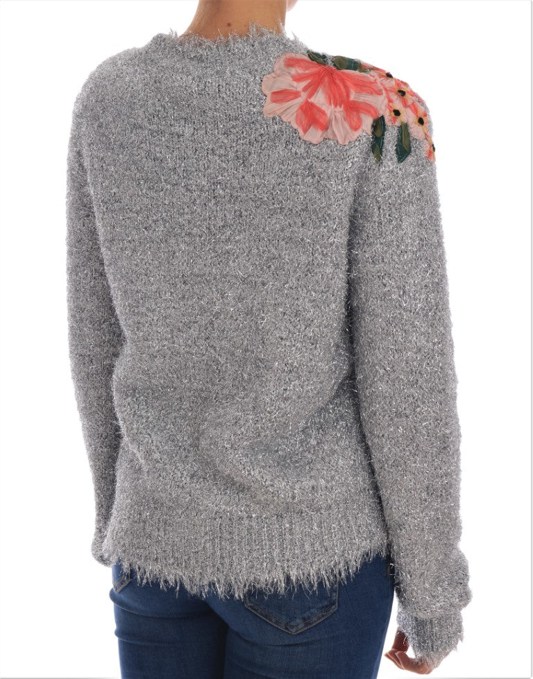 Silver Cardigan Floral Applique Sweater