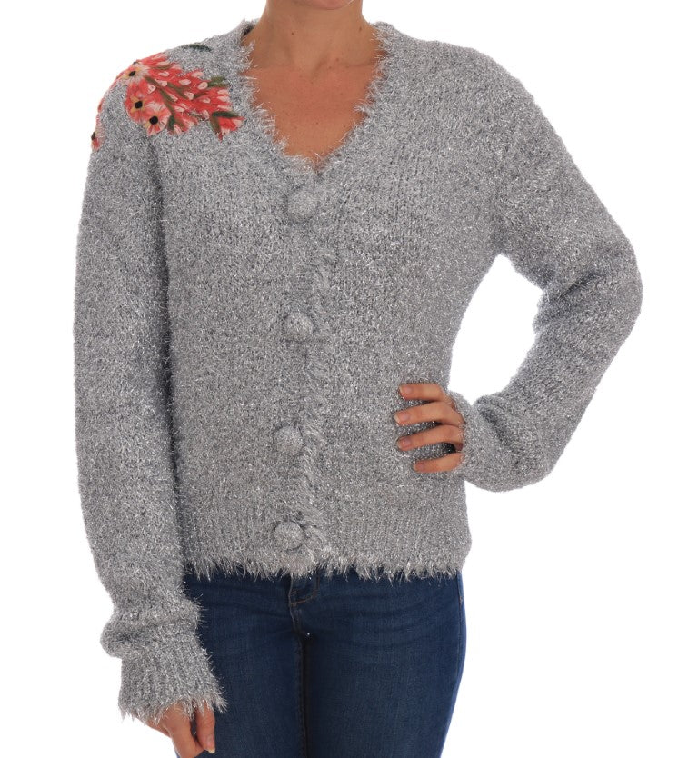 Silver Cardigan Floral Applique Sweater