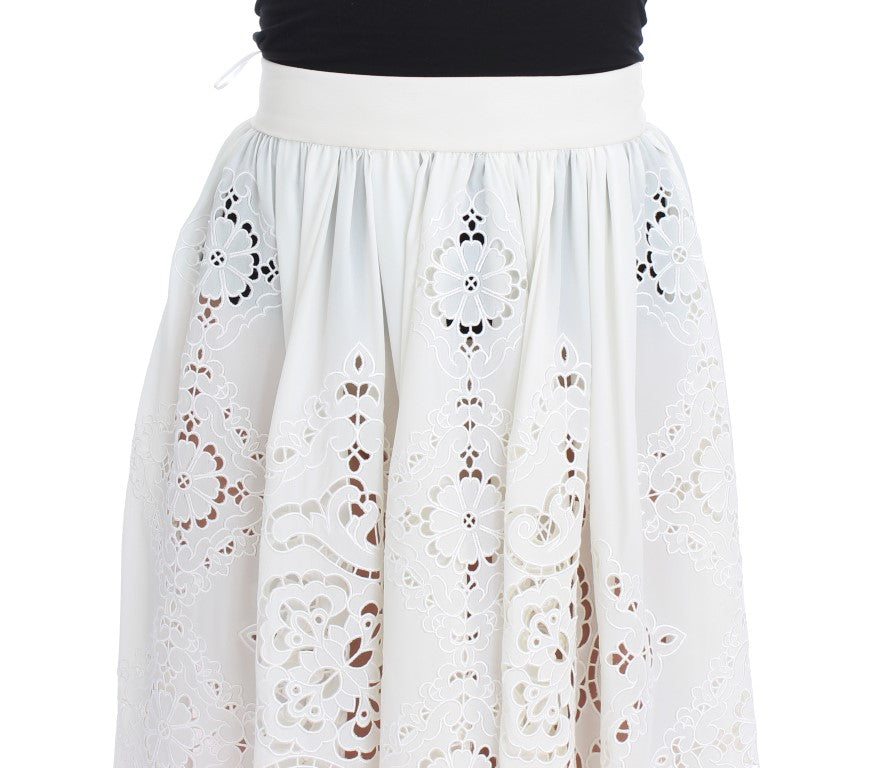 White Silk Floral Ricamo Knee Skirt
