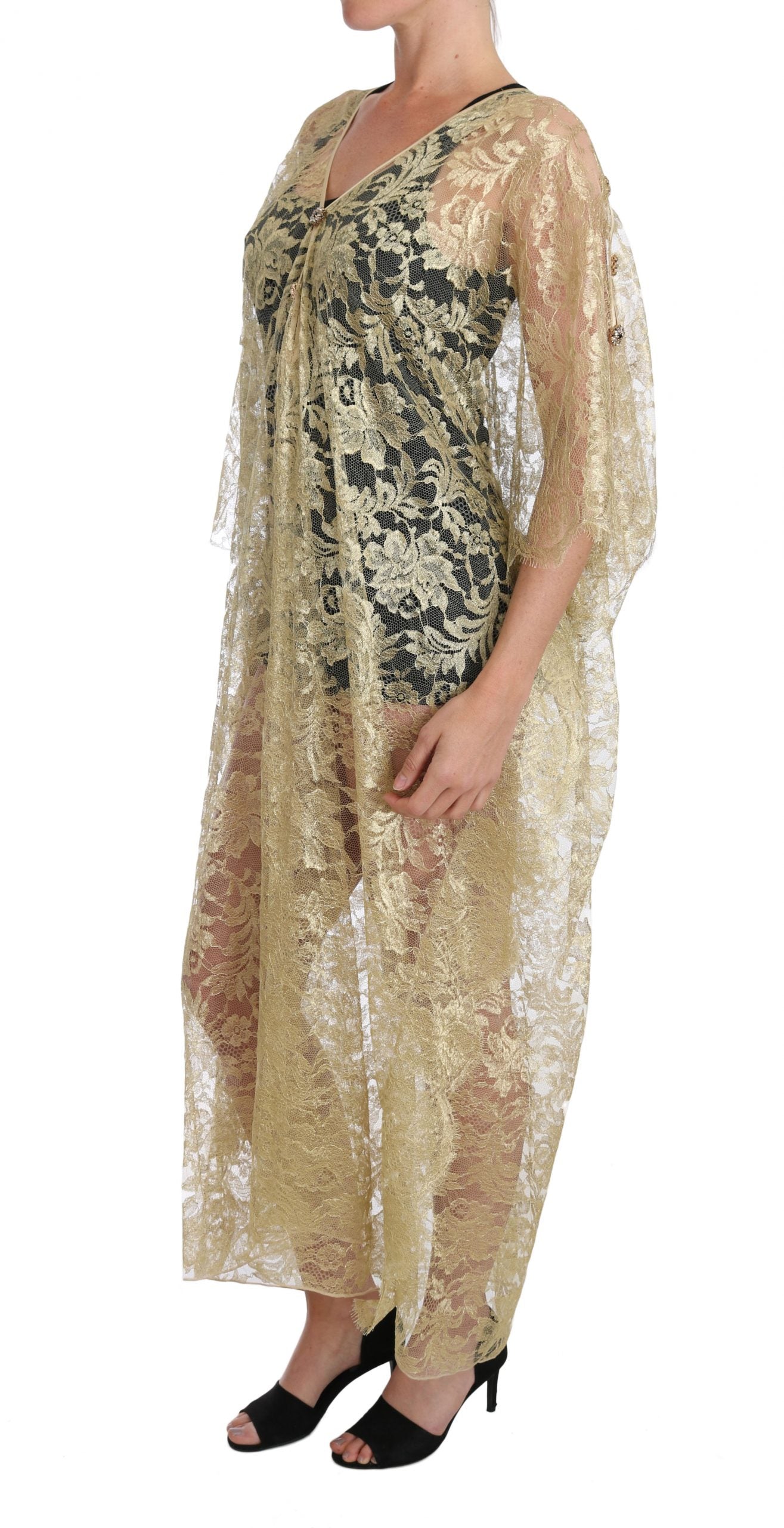 Gold Floral Lace Crystal Gown Cape Dress – Finds Sample Sale