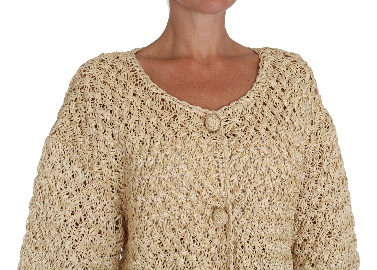 Beige Cardigan Crochet Knitted Raffia Sweater