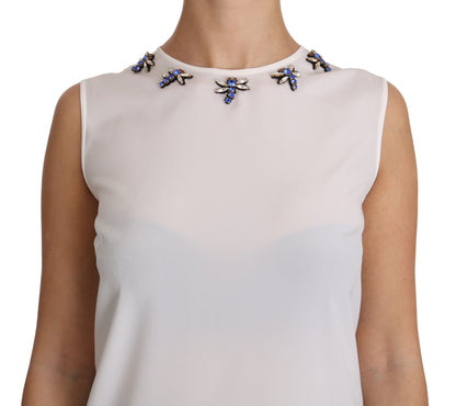 White Silk Embellished Crystal Dragonfly Top