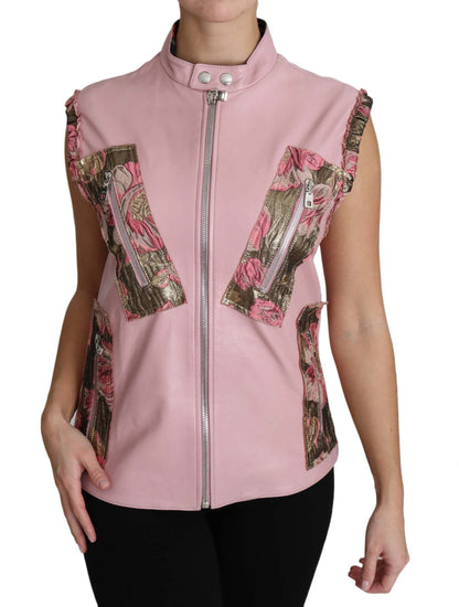 Pink Zippered Lamb Sleeveless Vest Leather Jacket