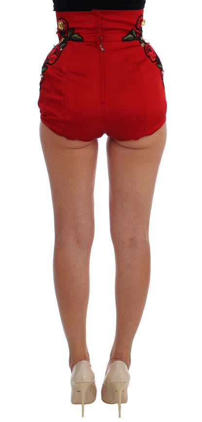 Red Silk Crystal Roses Shorts