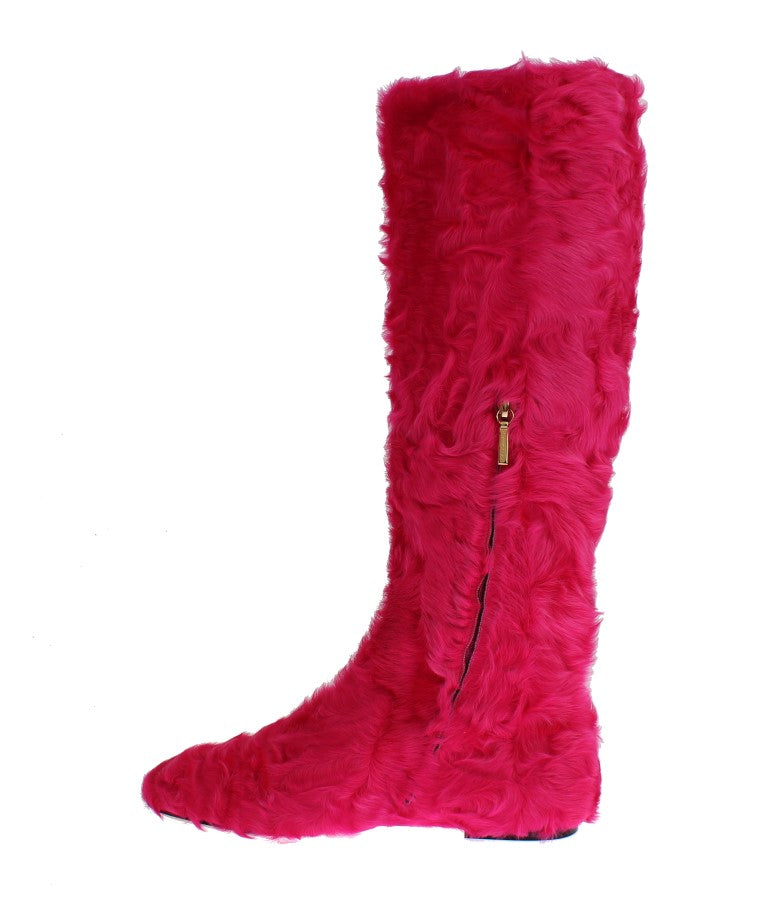Pink Lamb Fur Leather Flat Boots