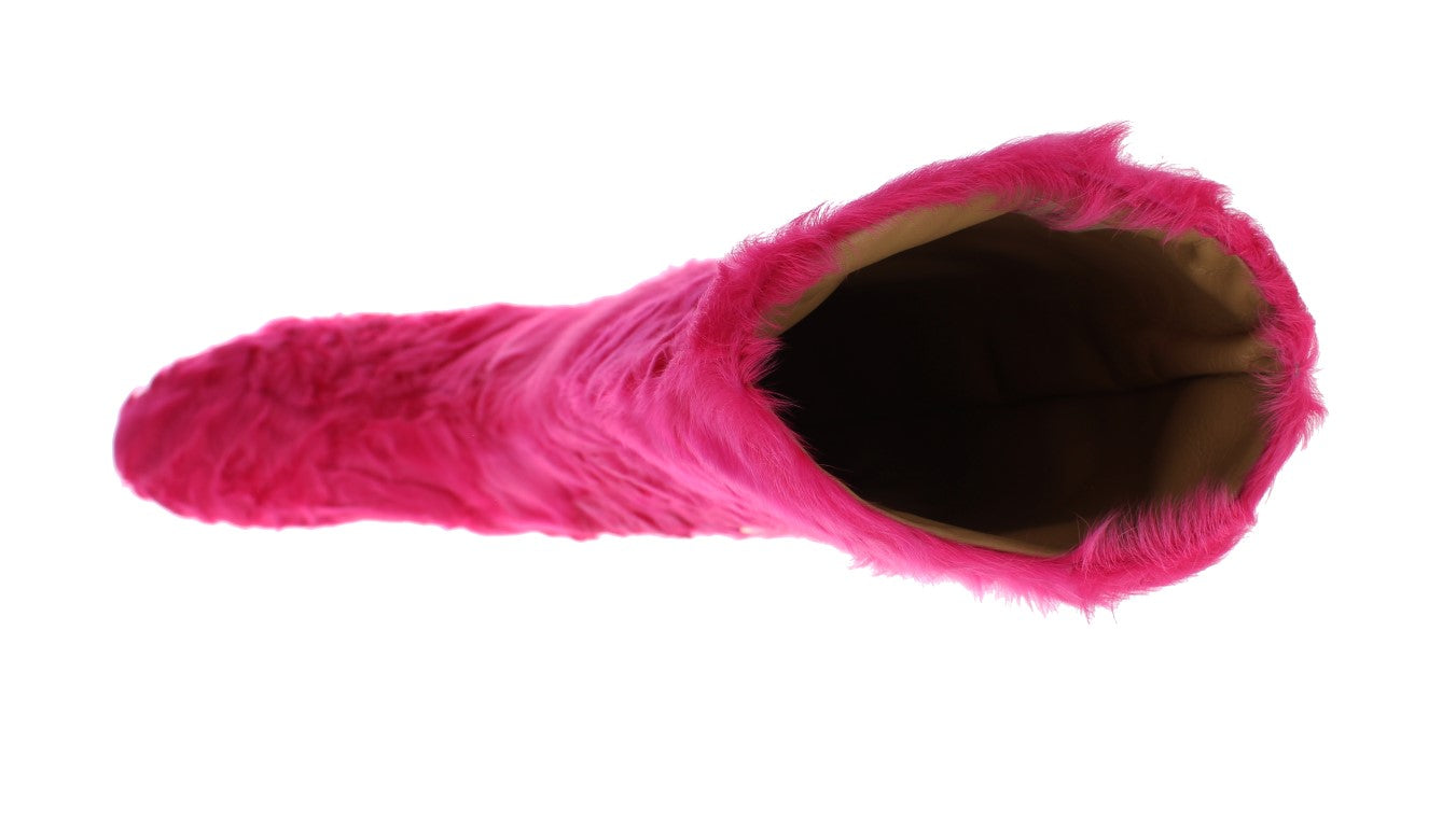Pink Lamb Fur Leather Flat Boots