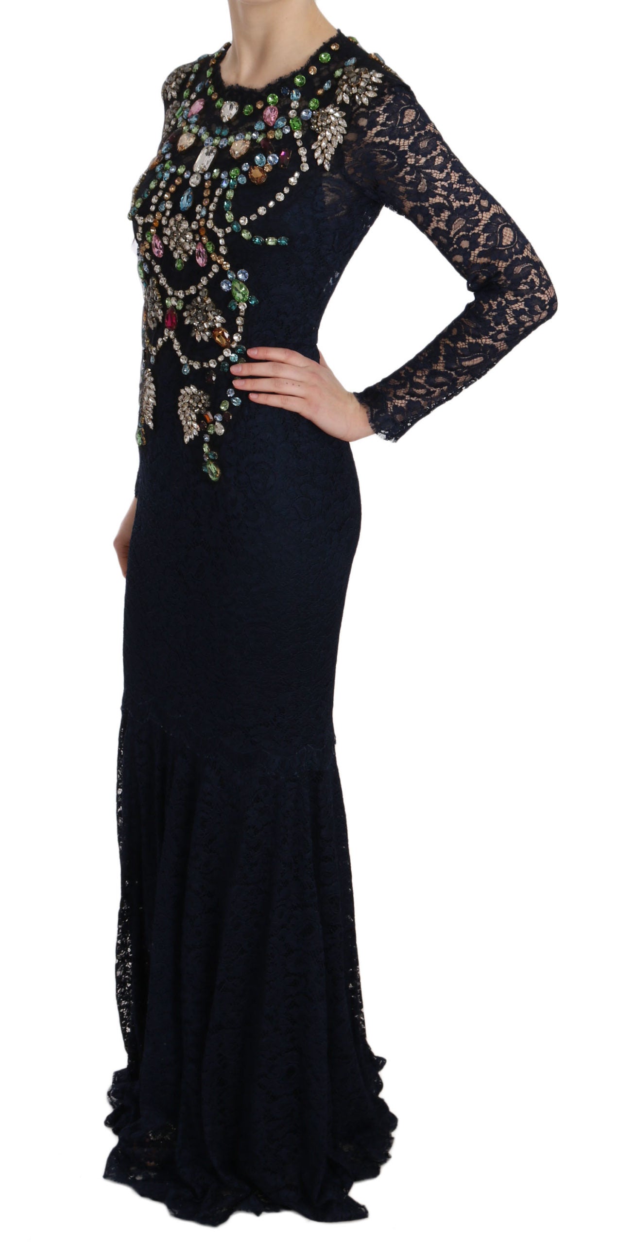 Blue Crystal Floral Lace Long Gown Dress