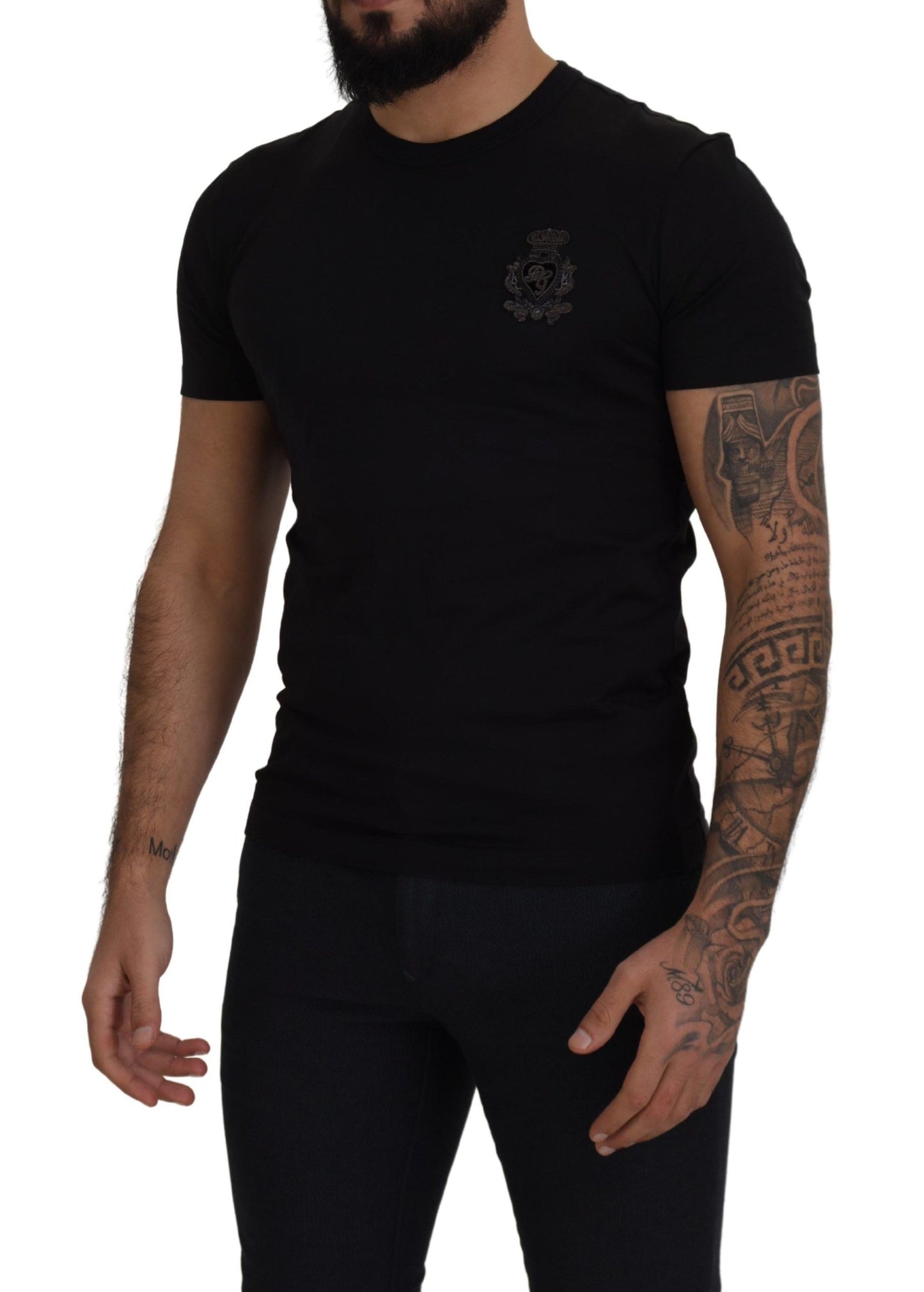 Black Cotton Logo Patch Crewneck T-shirt