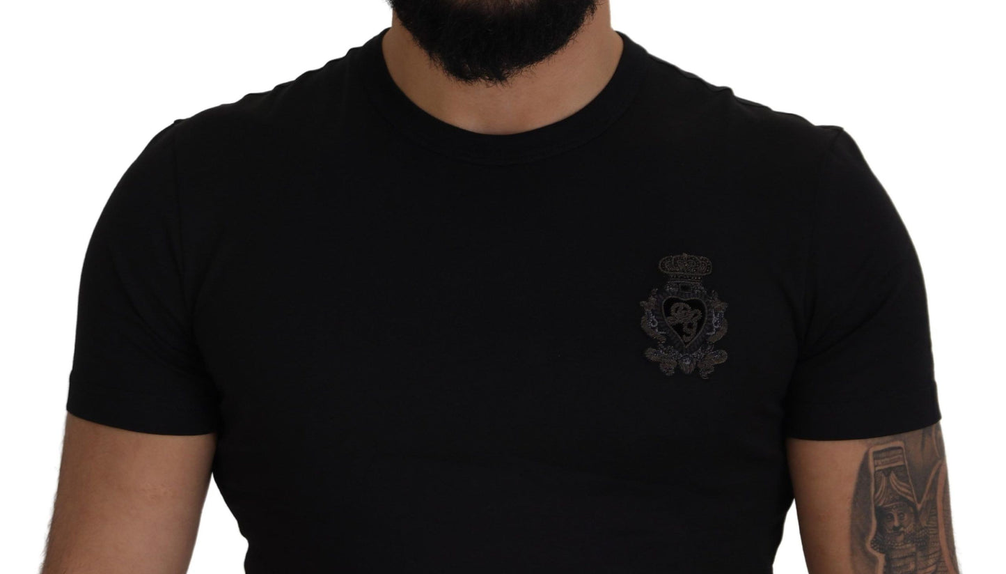 Black Cotton Logo Patch Crewneck T-shirt