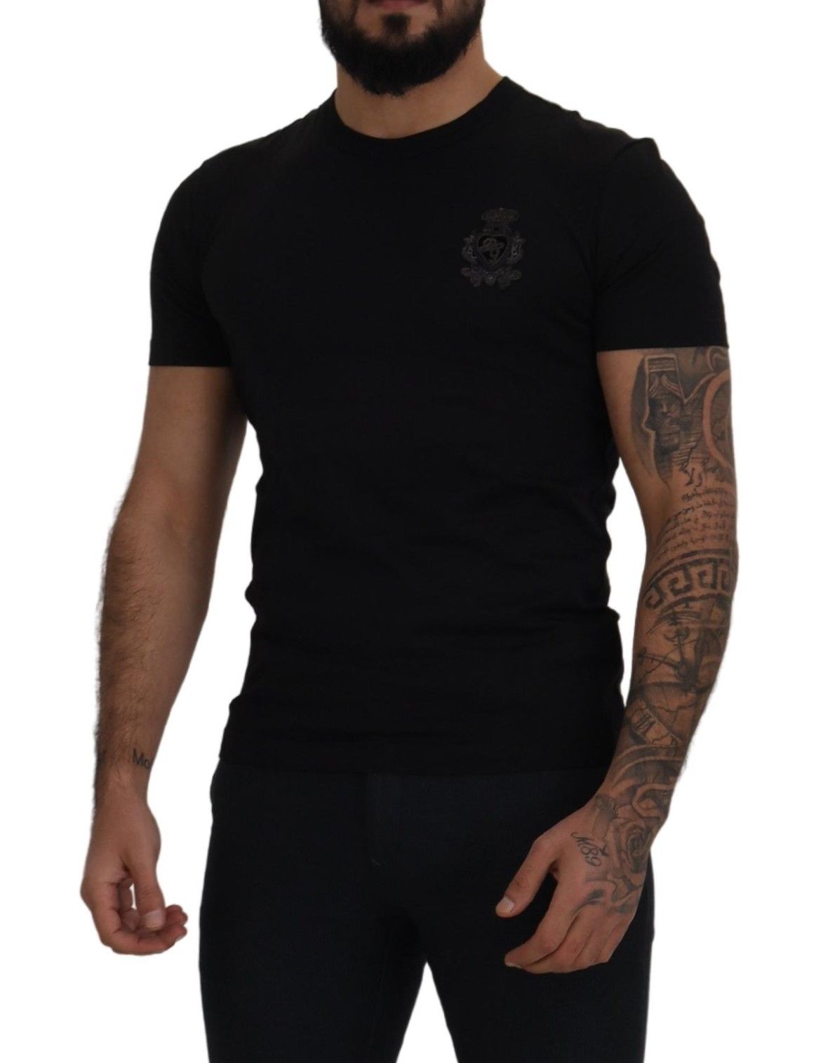 Black Cotton Logo Patch Crewneck T-shirt