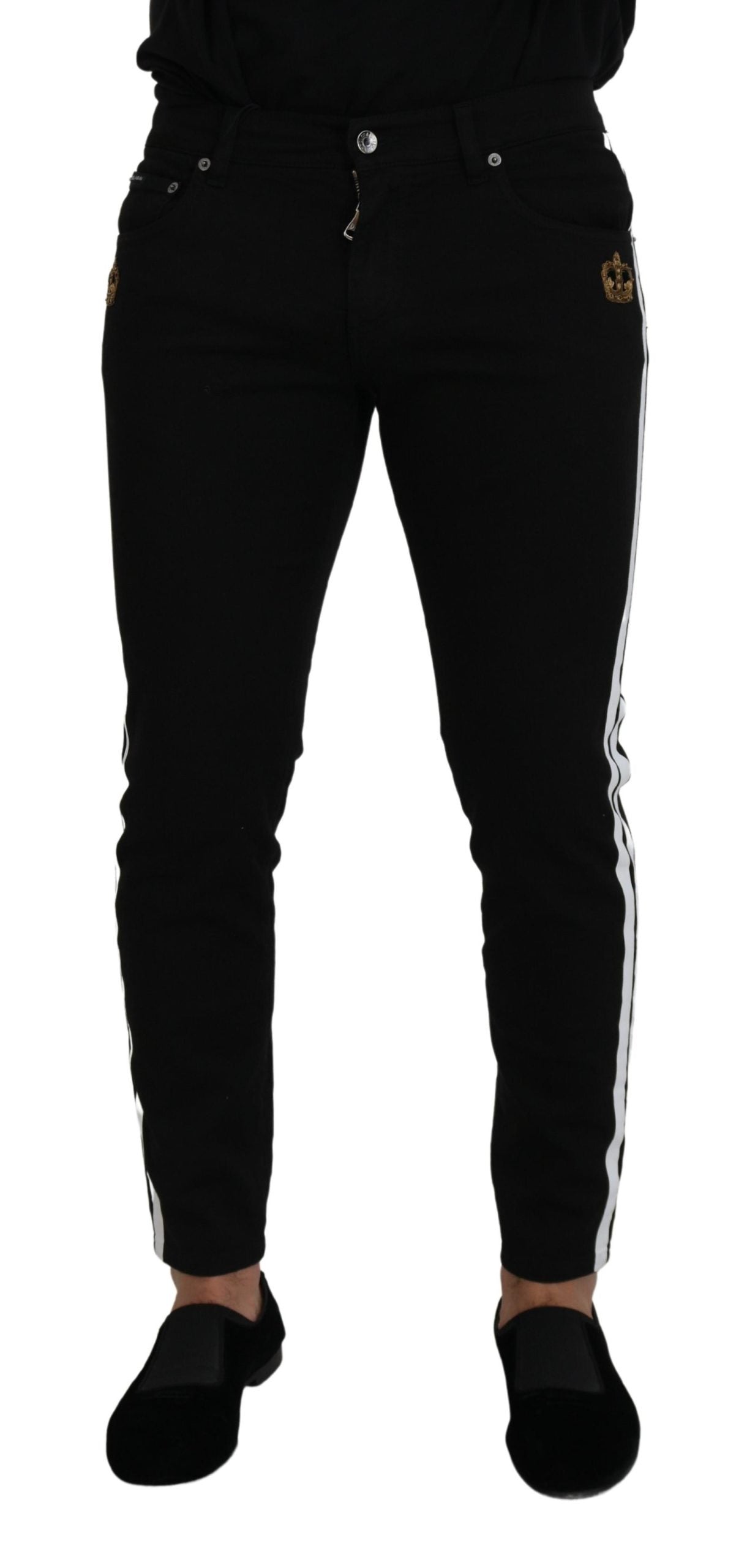 Black Cotton Crown Patch Skinny Denim Jeans