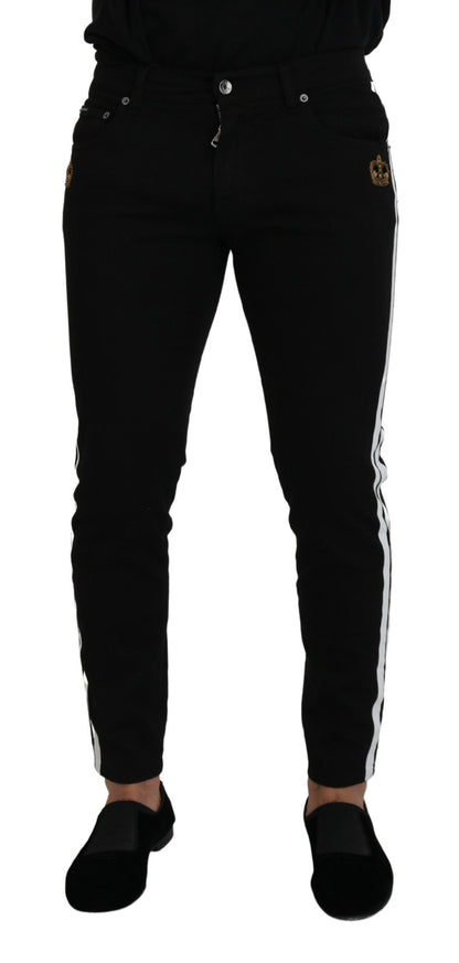 Black Cotton Crown Patch Skinny Denim Jeans